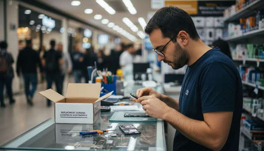 Technician replaces smartphone screen at cluttered counter