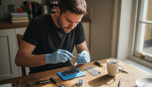 Man DIY repairing iPhone back glass at home