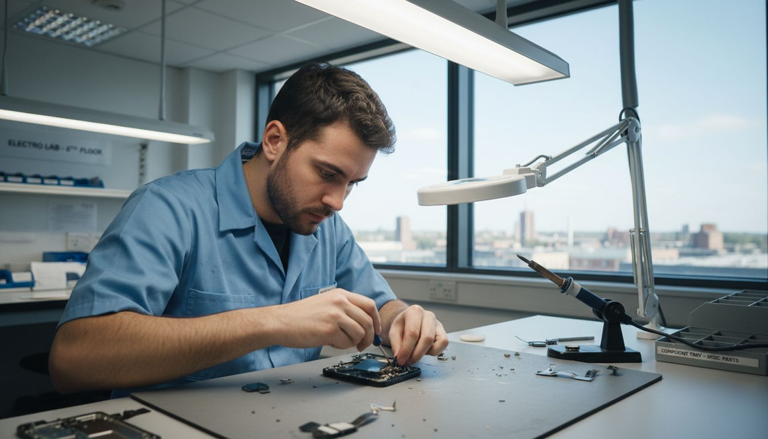 Technician repairing smartphone motherboard in lab