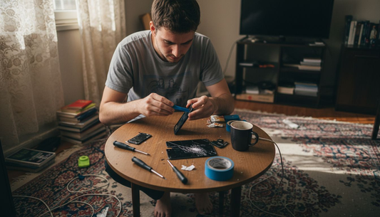 DIYer repairing phone at cluttered table