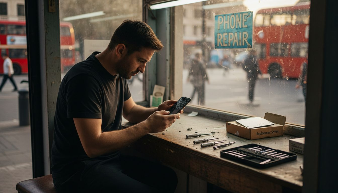 Man handling phone with cracked screen at repair table