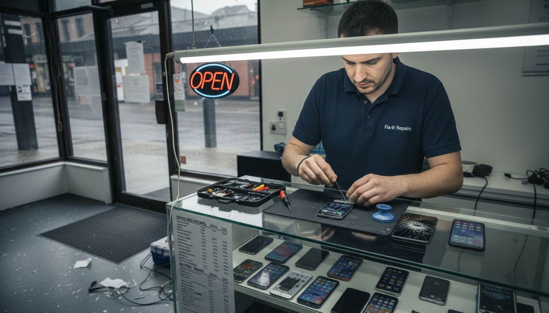 Technician fixing phone in UK repair shop