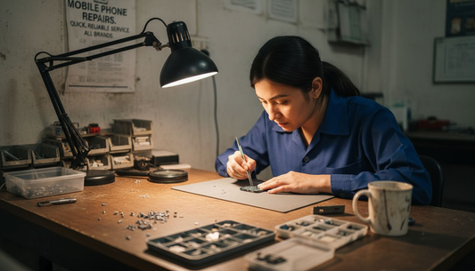 Technician examining smartphone connectors on workbench