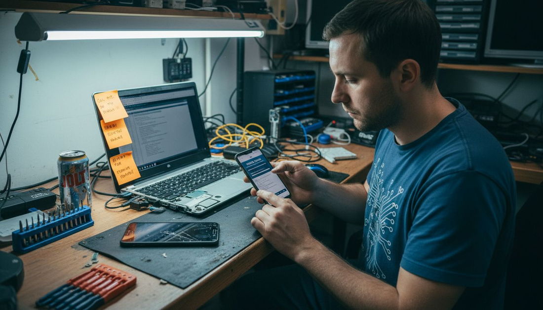 Technician scanning Android phone for viruses