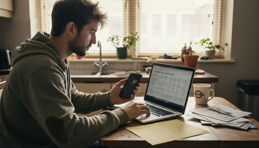 Person checking phone repair prices on laptop