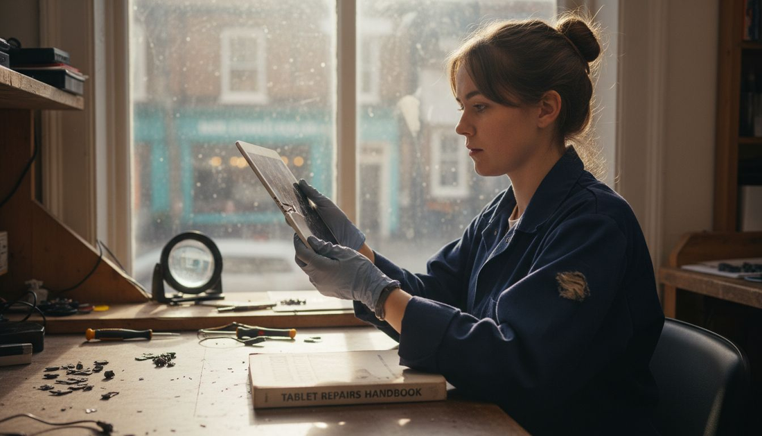 Technician inspecting iPad charging port repair