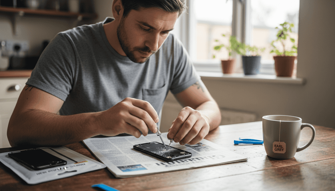 Man repairing cracked phone at kitchen table
