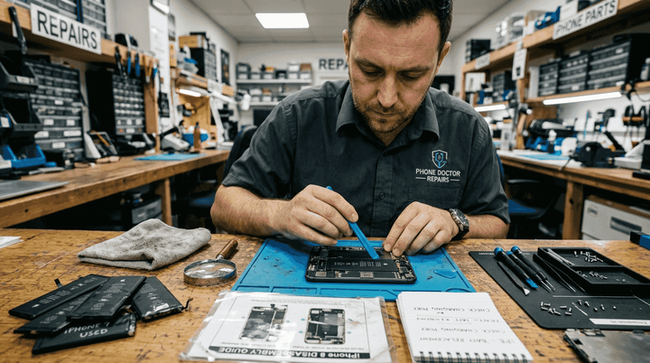 Technician replacing iPhone 8 battery in workshop