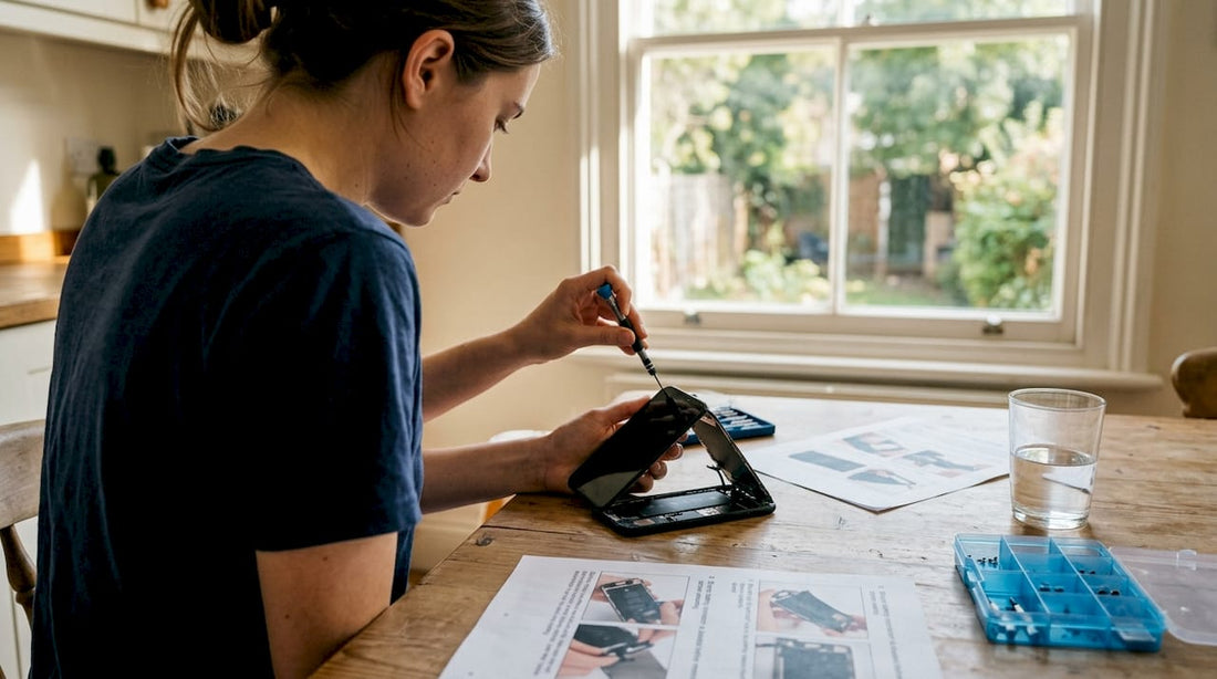 Person working on iPhone XR screen at kitchen table
