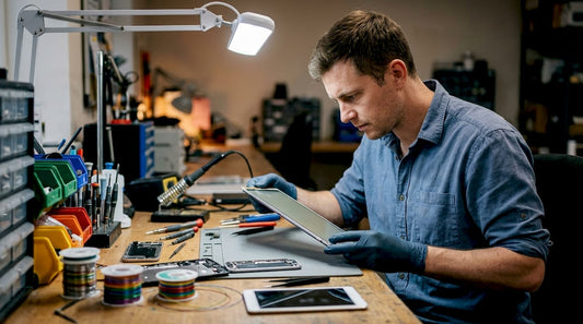 Expert inspecting bar-type LCD panel in workshop