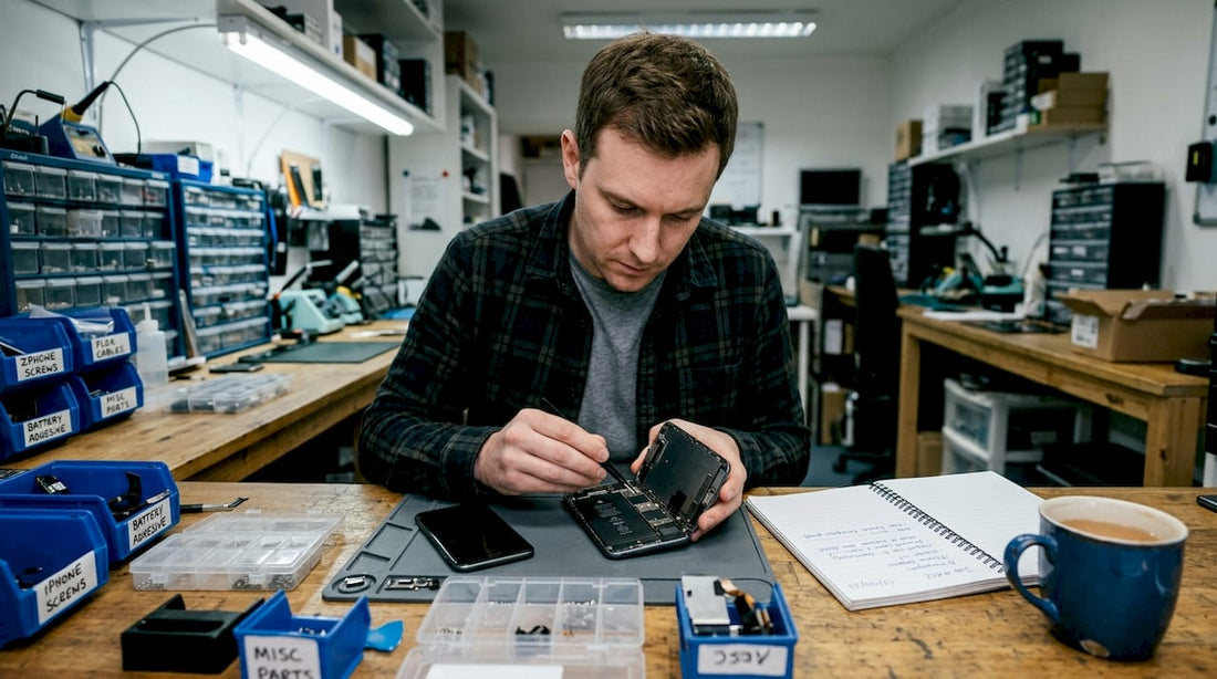 Technician inspecting water damaged smartphone