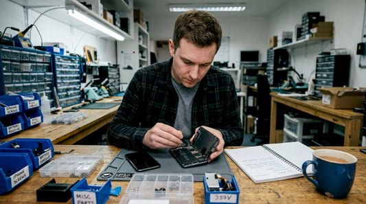 Technician inspecting water damaged smartphone