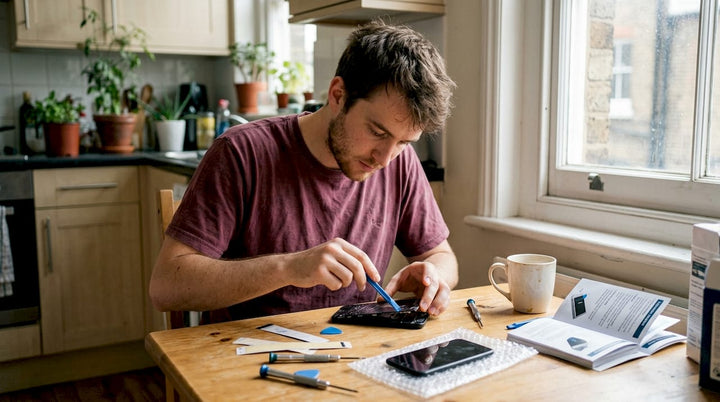 Man replacing phone screen at kitchen table