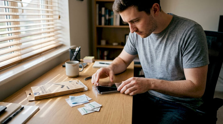 Person installing screen protector at home desk