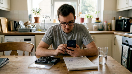 Man inspecting ASUS phone at kitchen table