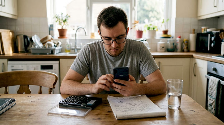 Man inspecting ASUS phone at kitchen table