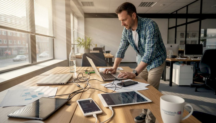 IT manager configuring mobile devices in office