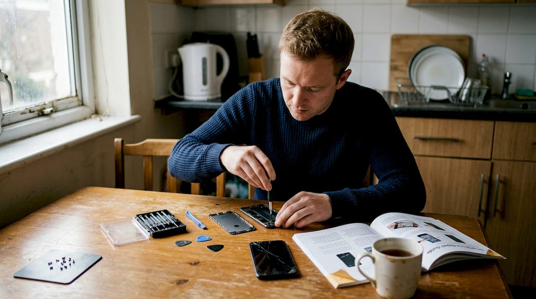 Man repairing phone at home kitchen table
