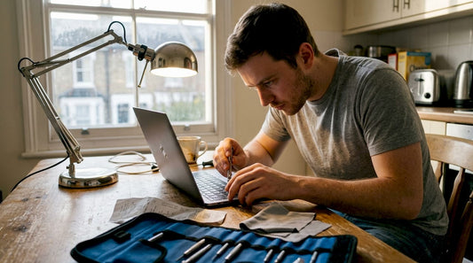 Inspecting laptop charging port at kitchen table