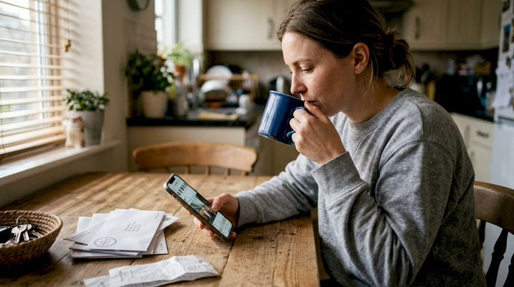 Woman using worn smartphone at kitchen table