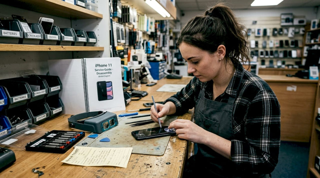 Technician repairing iPhone 11 back glass in shop