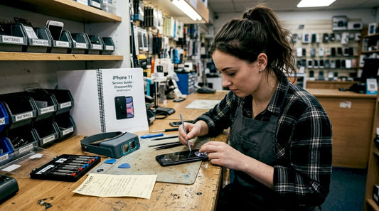 Technician repairing iPhone 11 back glass in shop