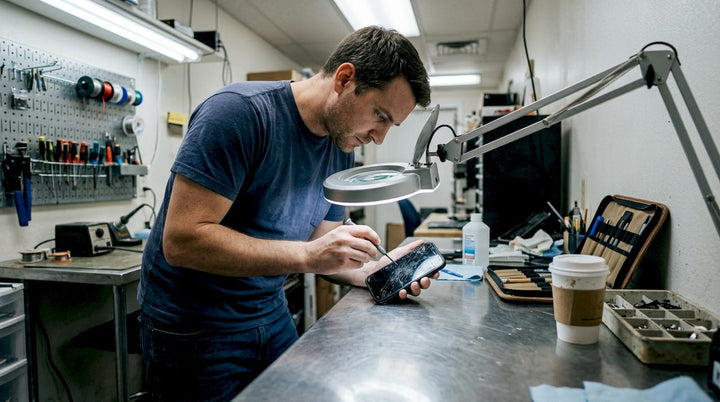 Technician inspecting cracked iPhone at workbench
