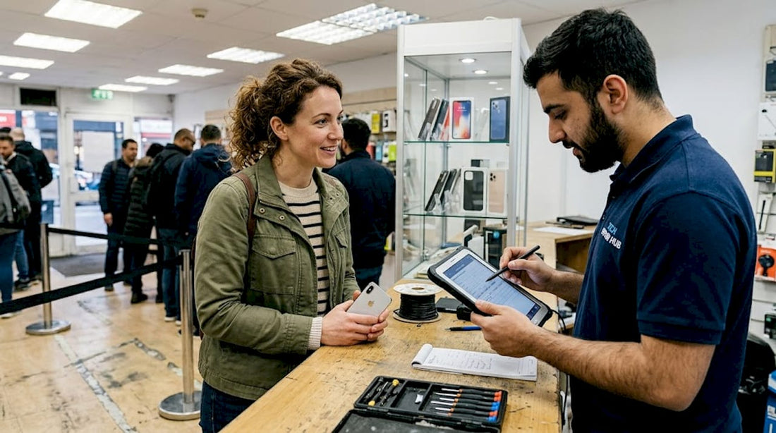 Customer at phone repair shop handing over iPhone
