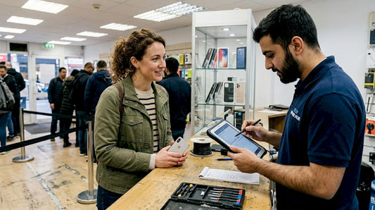 Customer at phone repair shop handing over iPhone