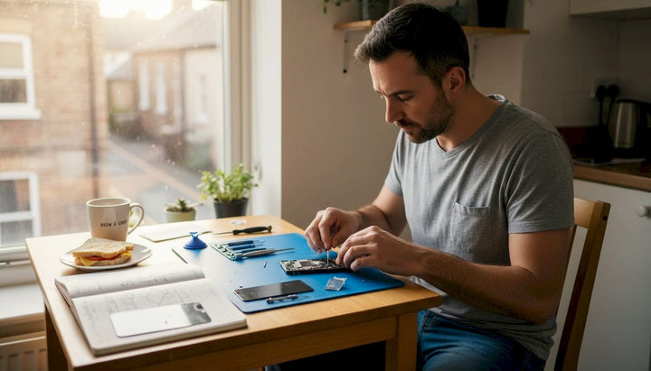 Man repairing phone at home kitchen table