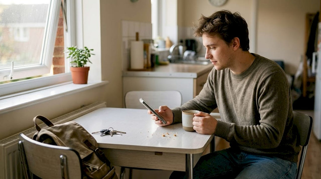 Person using phone at breakfast table