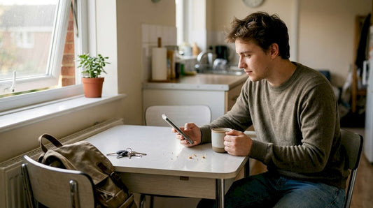 Person using phone at breakfast table