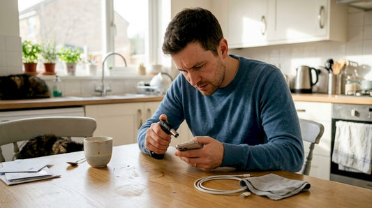 Man inspecting iPhone charging port at kitchen table