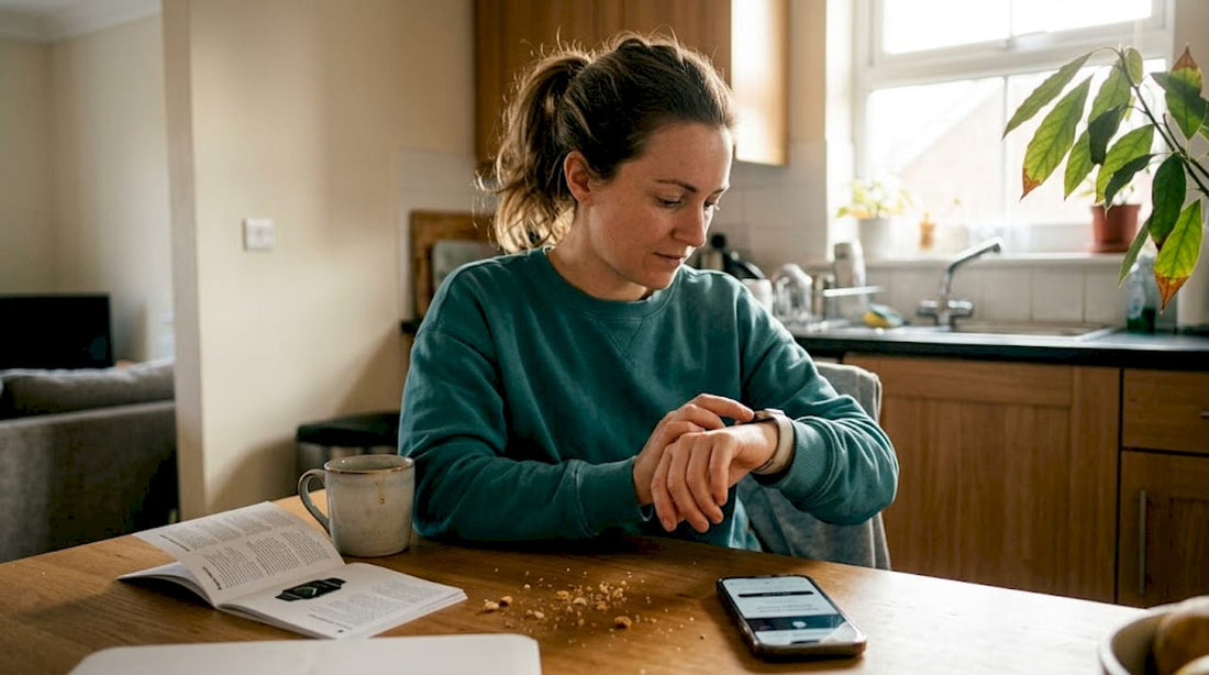 Person checking Apple Watch battery at kitchen table