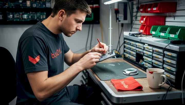 Technician repairing iPhone camera lens in shop