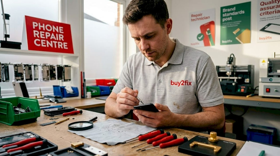 Technician examines phone charging port repair