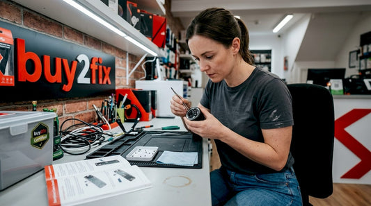 Technician checking iPhone lens at repair bench