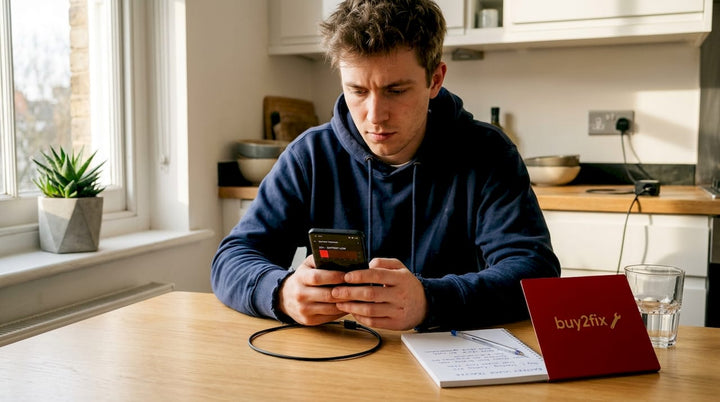 Man testing phone battery in kitchen