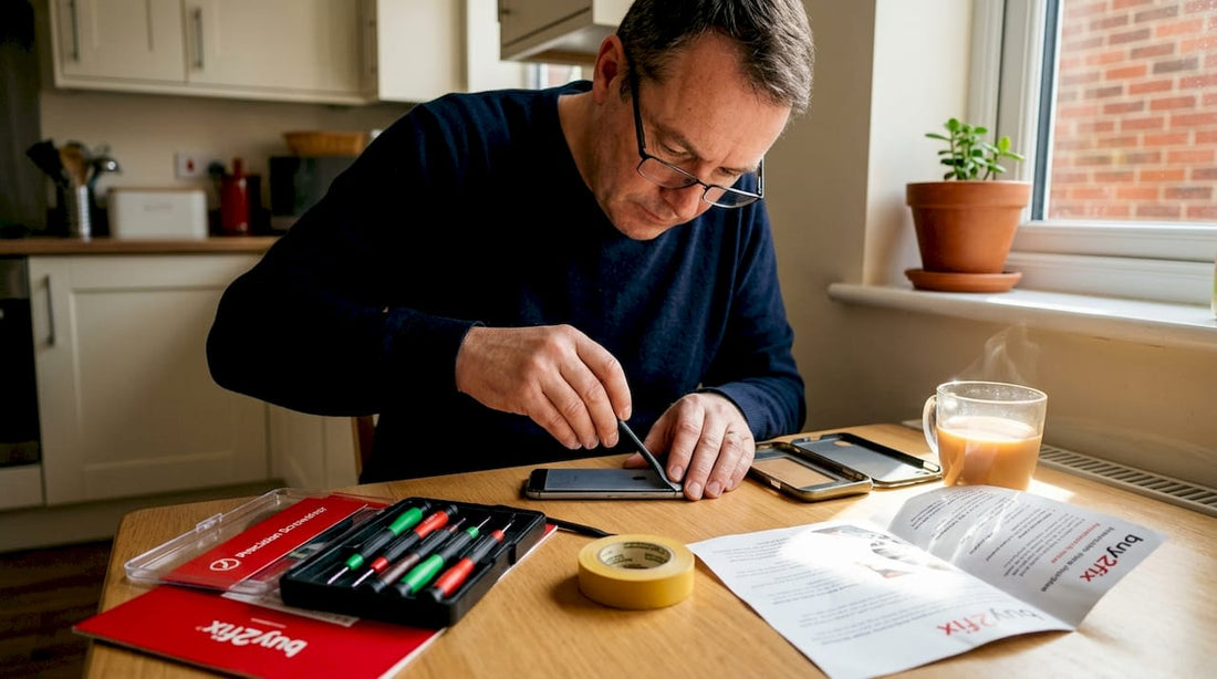 Man upgrading old mobile device at kitchen table