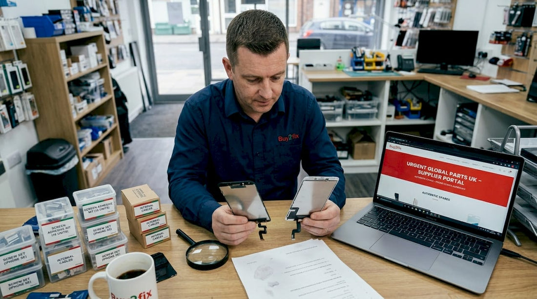 Owner reviewing smartphone parts at cluttered desk