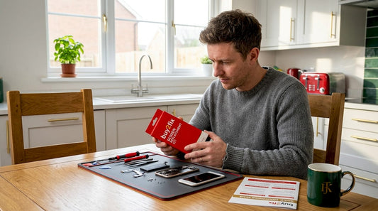 Man examining smartphone screen replacement kit