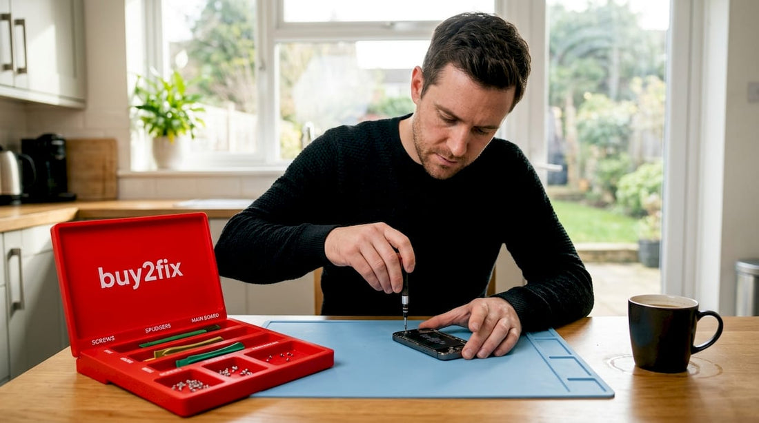 Person repairing phone at home workspace