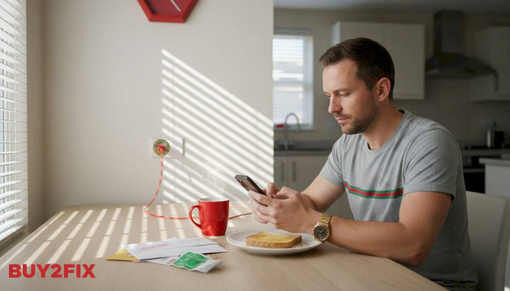 Man using phone at kitchen table morning