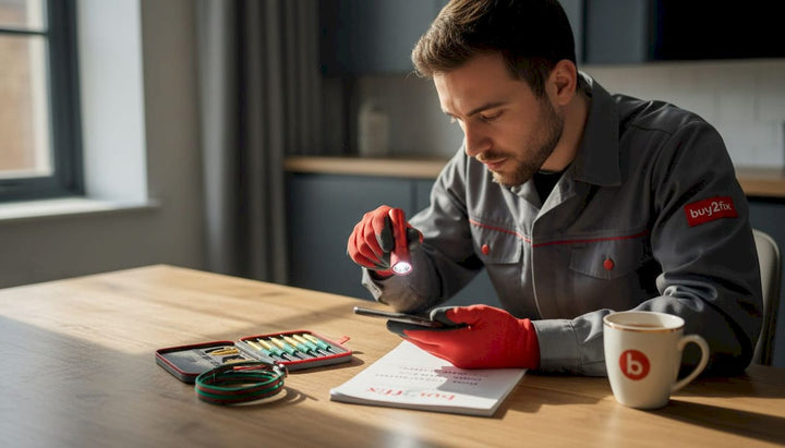 Technician inspecting phone display at home desk