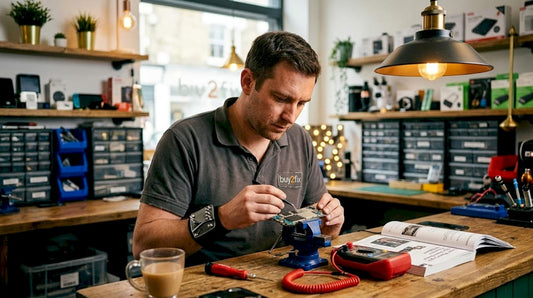 UK technician repairing smartphone in cluttered workshop