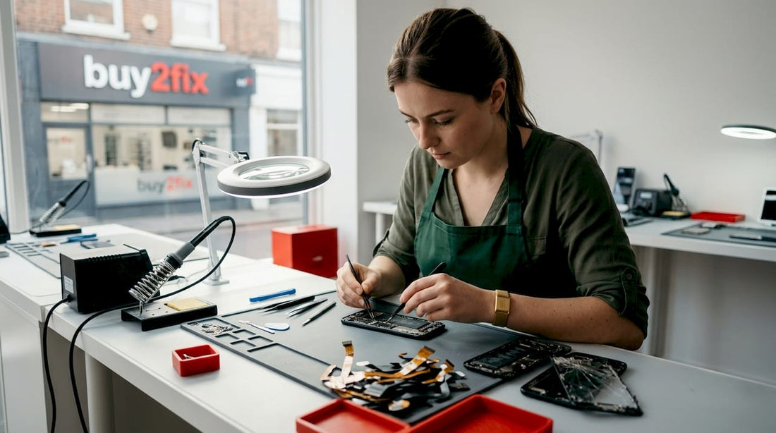 Technician repairing phone flex cables at workbench