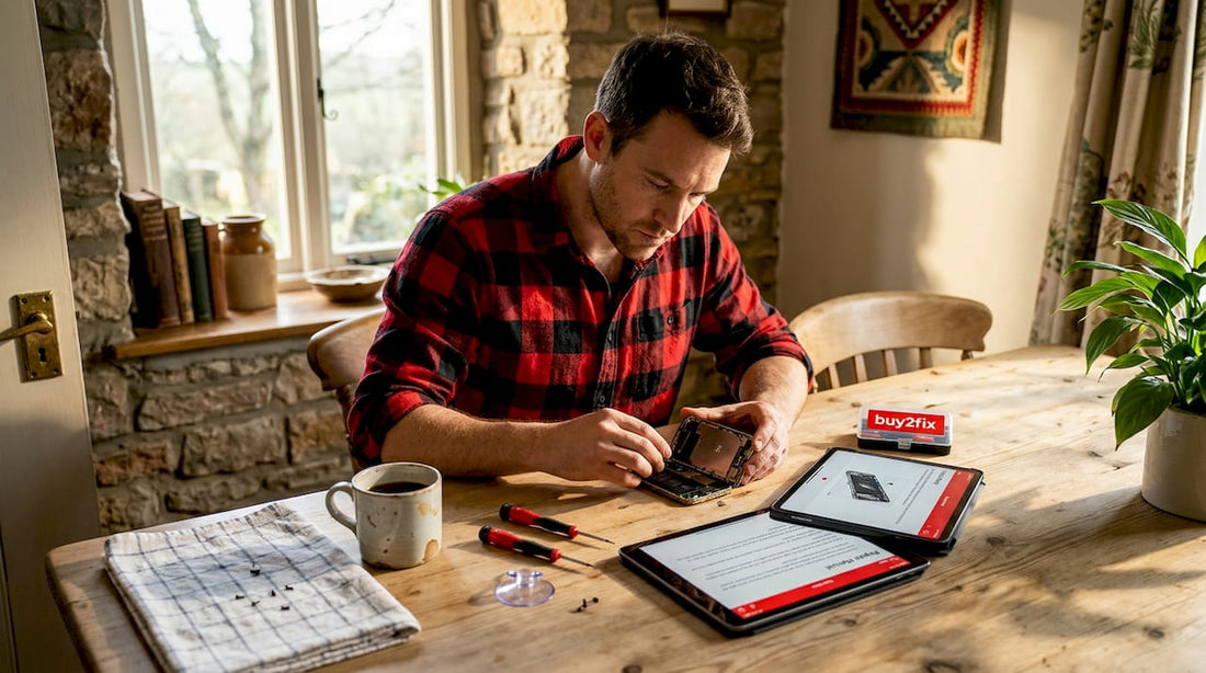 Person repairing smartphone at kitchen table