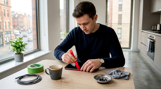 Person repairing iPad Mini on sunlit kitchen table