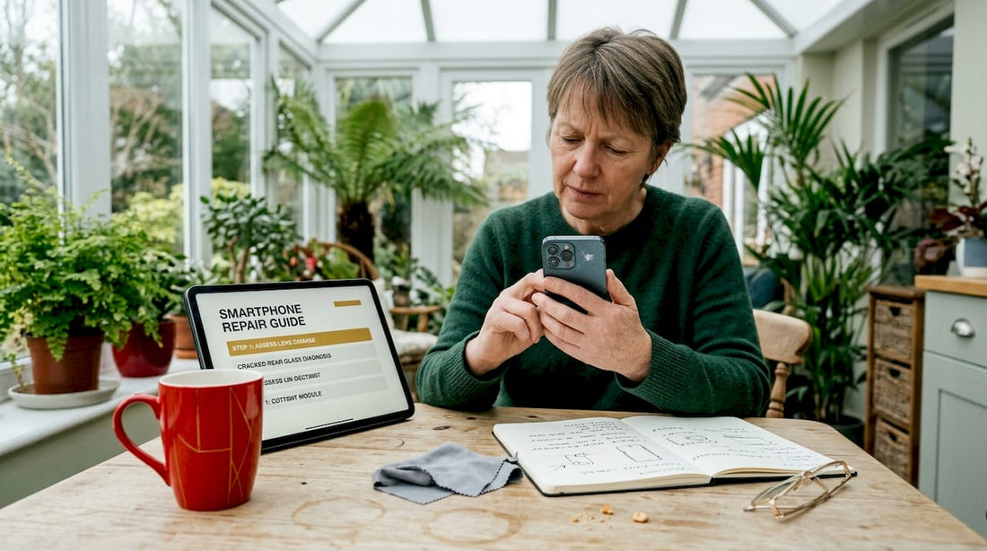 Woman examining phone for camera lens damage
