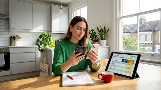 Woman comparing iPhones and guide at kitchen table